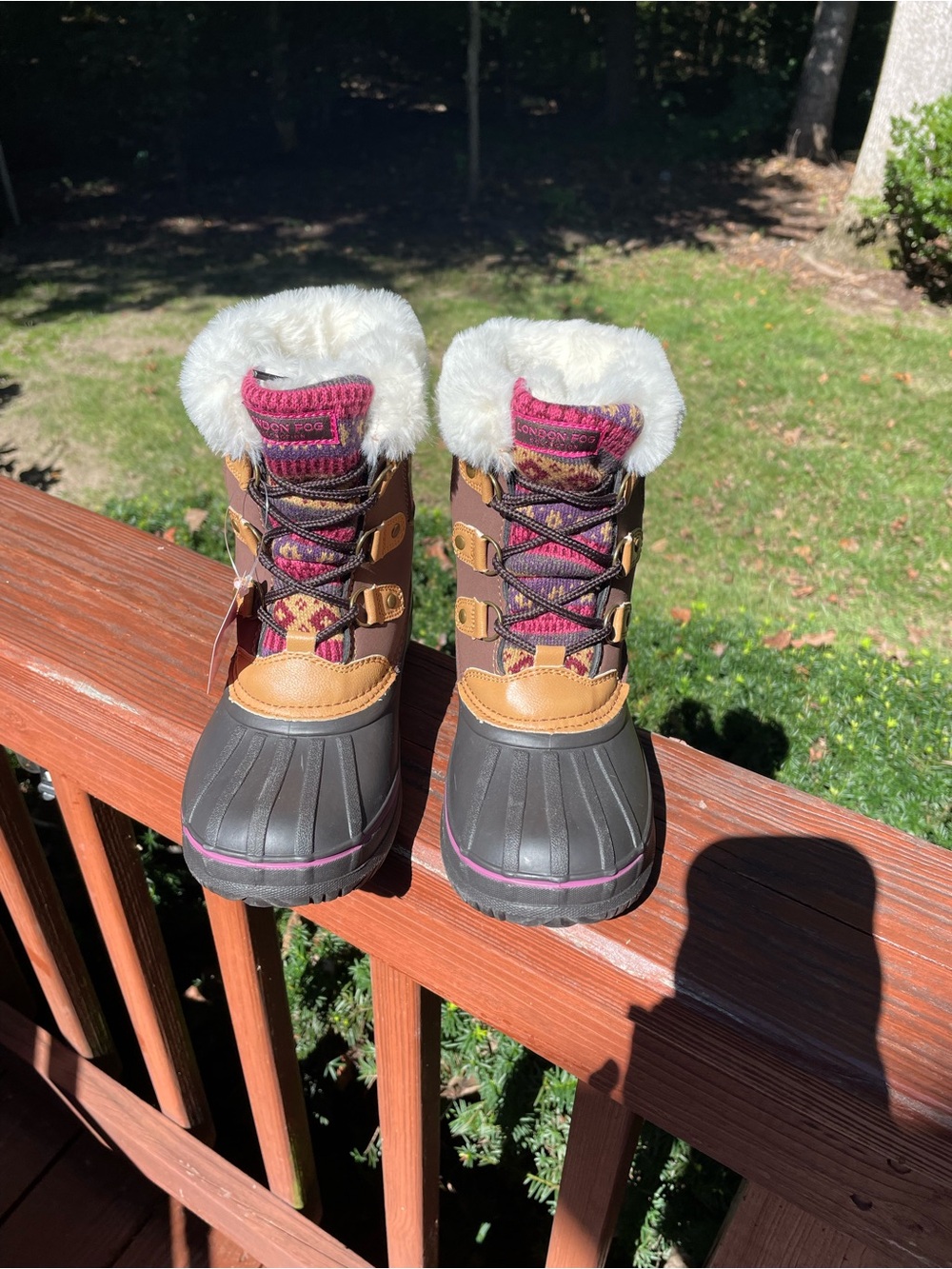 NWT London Fog Girls Tottenham Snow Boots Size 4 Brown Pink Fair Isle Faux Fur